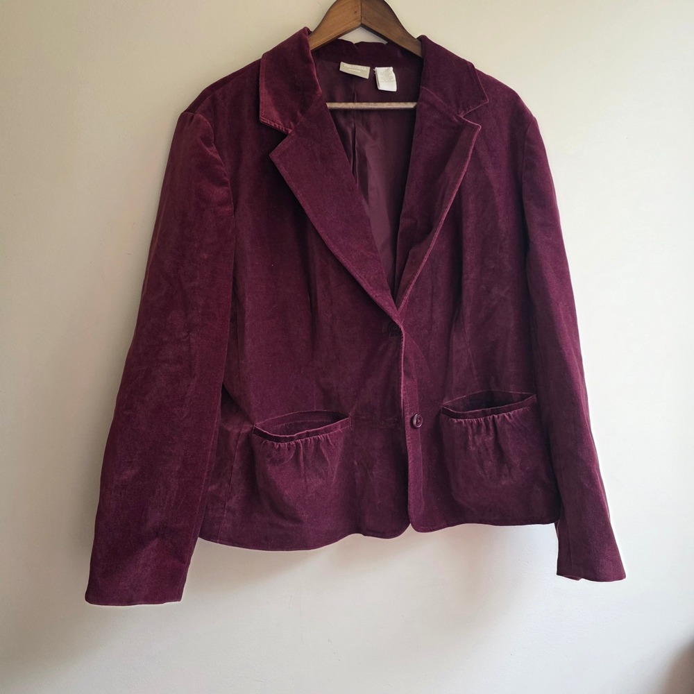 Fieldgear Woman Burgundy Velvet Blazer Jacket Vintage 90s Y2K Plus‎ Size 1X Wine
